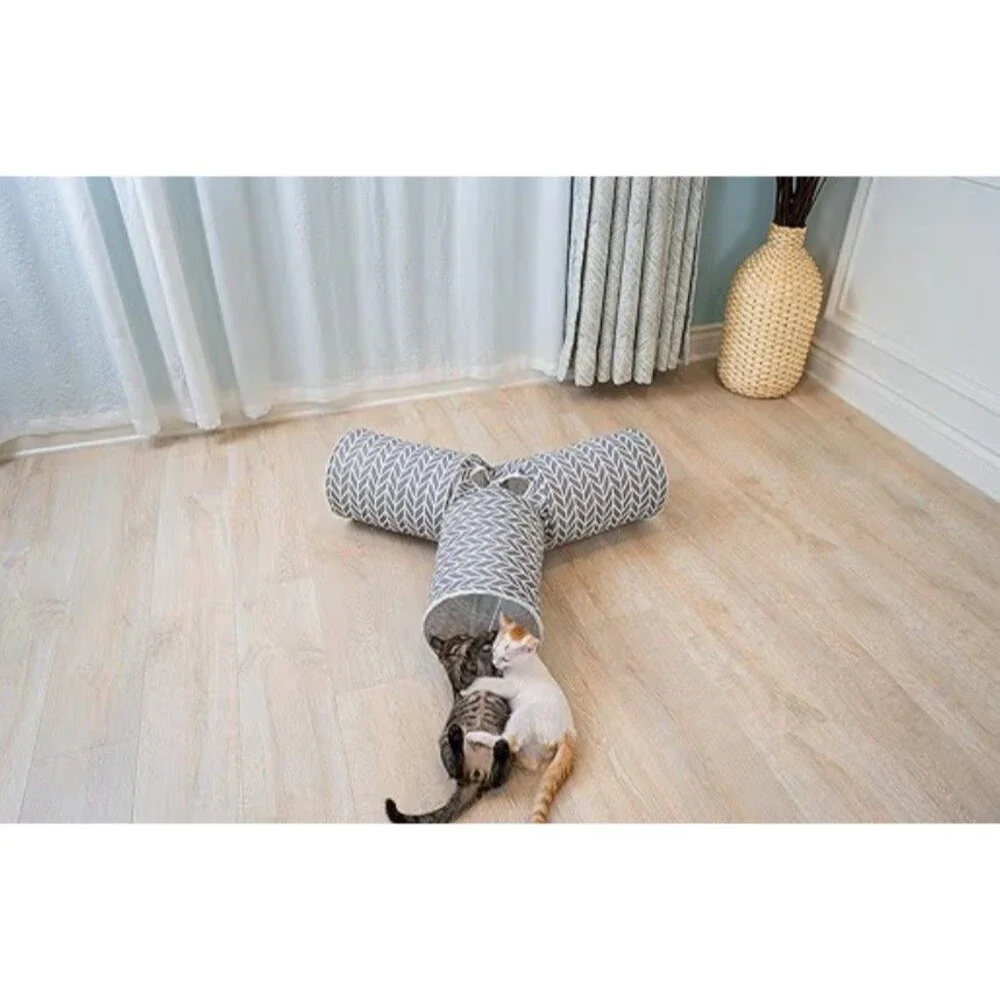 Foldable 3-Way Interactive Cat Play Tunnel w/ Hanging Ball Toy And Crinkle Sound